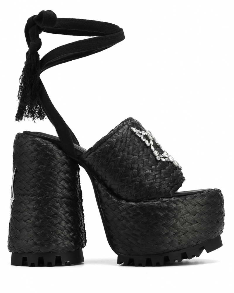 Naked Wolfe Beach Raffia Women\'s Heels Black UK | U5T-6648