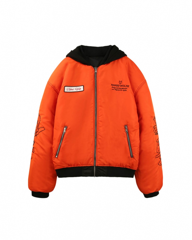 Naked Wolfe Double Sided Bomber Jacket Men's Outerwear Black / Orange UK | I1Z-2505