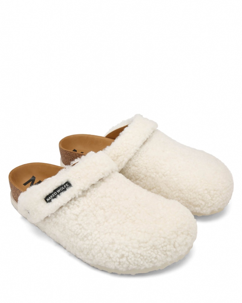 Naked Wolfe Malta Creme Shearling Men's Slides White UK | G2P-7112