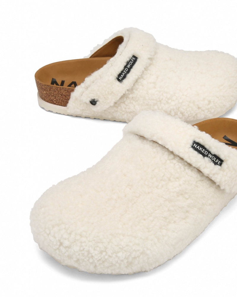 Naked Wolfe Malta Creme Shearling Men's Slides White UK | G2P-7112