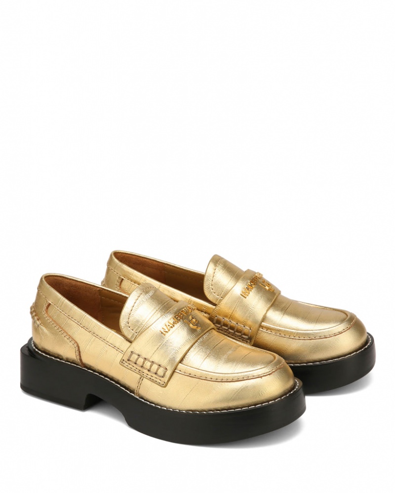 Naked Wolfe Swan Eel Print Women's Loafers Gold UK | S4A-1817