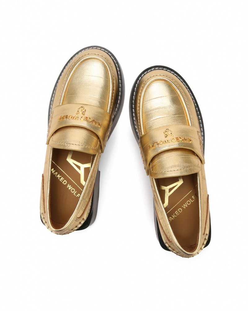 Naked Wolfe Swan Eel Print Women's Loafers Gold UK | S4A-1817